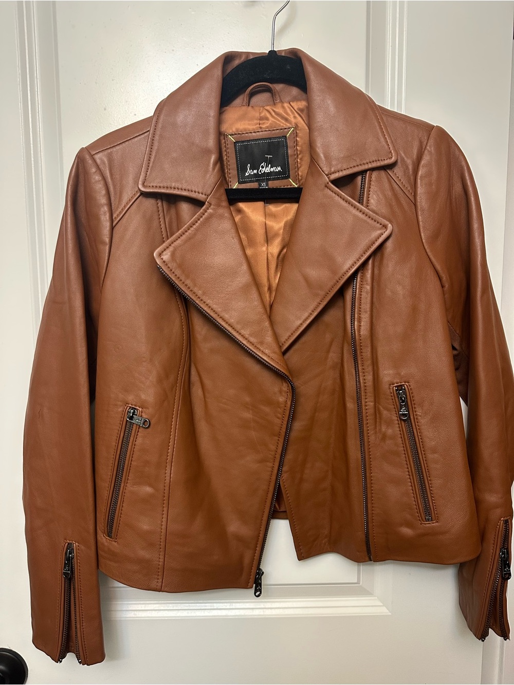 NWOT Sam Edelman Genuine Lambskin Leather Moto Jacket Cognac Brown XS
